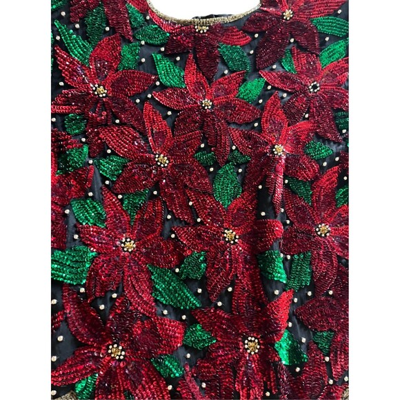 VINTAGE 80s LAWRENCE KAZAR POINTSETTIA BEADED SILK TOP SEQUIN HOLIDAY BLOUSE - Picture 6 of 8